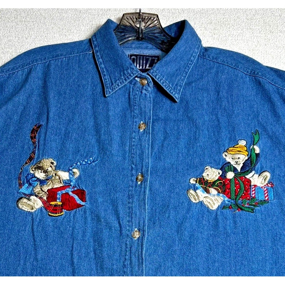 Denim Shirt Women L Blue Button Down Embroidered Bears Holiday Christmas Long Sl